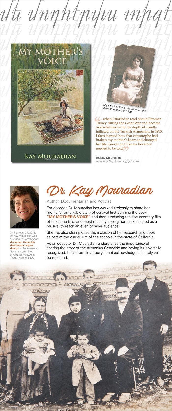 My Mother's Voice book cover, a portrait of Kay Mouradian and historic family photographs